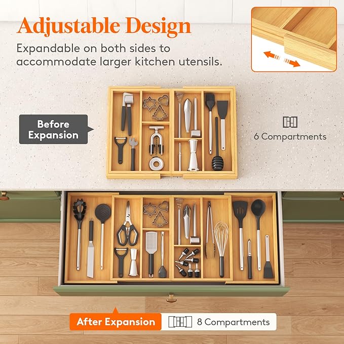 Lifewit Large Utensil Organizer for Kitchen Drawer, Expandable 21.4 to 36 Inches Wide, Adjustable Cooking Silverware Tray, Bamboo Cutlery Flatware Holder, Spatula Tool Gadget Storage Divider, Natural