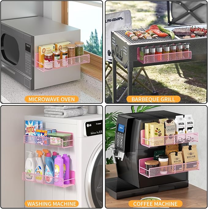Magnetic Spice Rack for Refrigerator, 4 Pack Metal Magnetic Shelf Pink, Moveable Spice Organizer, Super Magnetic Fridge Shelf for Kitchen Organization and Storage