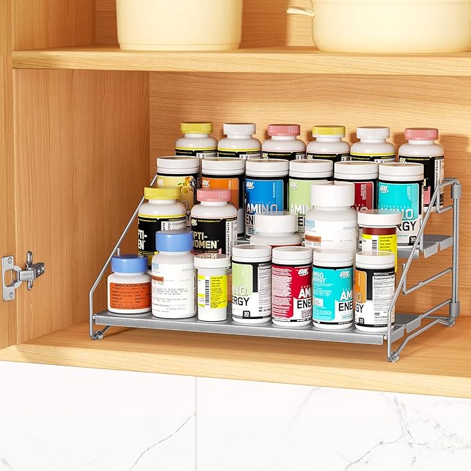 4 Tier Spice Rack for Cabinet, Spice Rack Organizer, Depth Adjustable Spice Organizer for Countertop, Cupboard, Pantry, Seasoning Shelf, Metal, Gray (1 Pack)