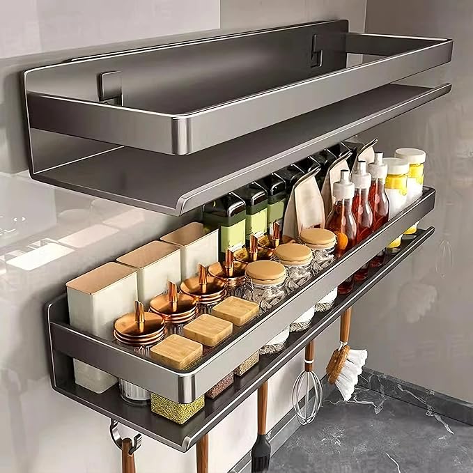 Adhesive Carbon Steel Spice Rack,Spice Shelf Organization with 5-Hook with Free Nail Glue Spice Shelf Organization for Kitchen Cabinet/Pantry Wall Mount Seasoning Rack