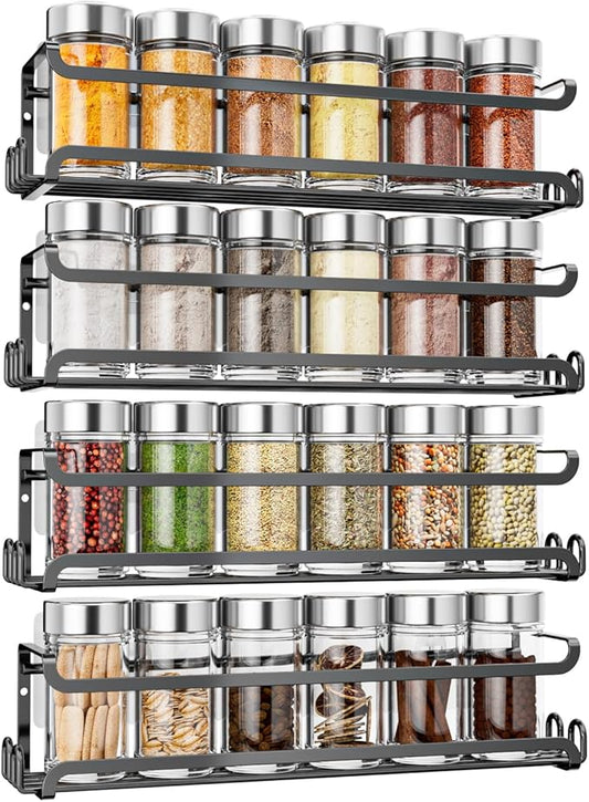 LUCYCAZ 4 Pack Wall Mounted Spice Rack with 16 Hooks, Spice Organizer for Cabinet Pantry Door,Screw or Adhesive Spice Shelf Hanging Wall Spice Rack in Kitchen and RV (Black, 4 PACK)