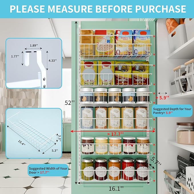 Fixwal 6-Tier Over the Door Pantry Organizer, Metal Hanging Spice Rack Storage Shelves with Adjustable Baskets for Kitchen, White