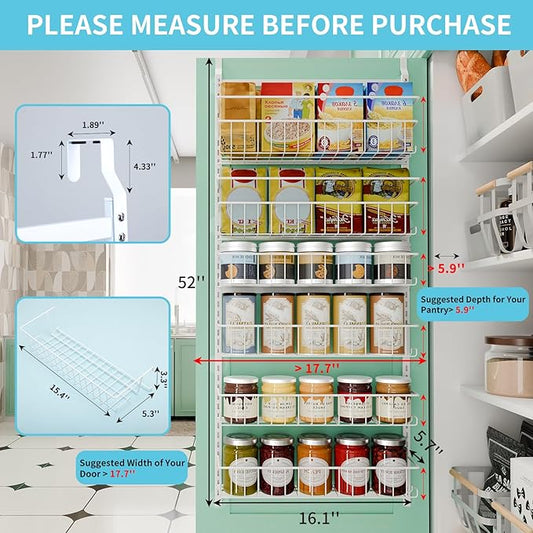 Fixwal 6-Tier Over the Door Pantry Organizer, Metal Hanging Spice Rack Storage Shelves with Adjustable Baskets for Kitchen, White