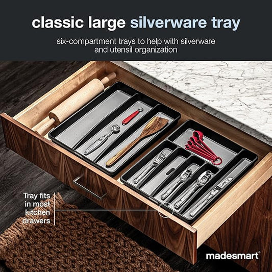 madesmart Classic Large Silverware Tray - Granite |CLASSIC COLLECTION | 6-Compartments| Kitchen Drawer Organizer | Soft-Grip Lining and Non-Slip Rubber Feet | BPA-Free