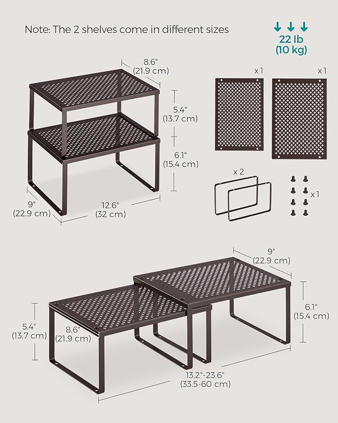 SONGMICS Spice Racks, Cabinet Shelf Organizers, Shelf Organizers, Countertop Organizers, Shelf Risers, Stackable, Expandable, Set of 4 Metal Kitchen Counter Shelves, Brown UKCS06BR