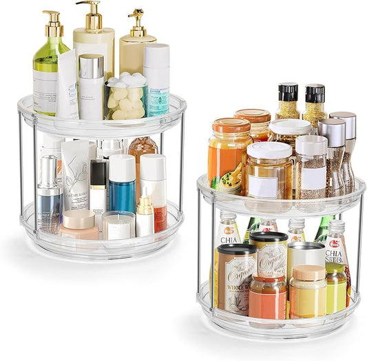 2pcs 2-Tier Lazy Susan Turntable Organizer, 9.2'' Spice Rack for Cabinet, Rotating Medicine Cabinet Organizer for Condiment, Pill Bottle, Kitchen Pantry, Countertop, Bathroom, Makeup Organizer