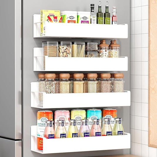 4 Pack Moveable Fridge Magnetic Spice Racks,Metal White