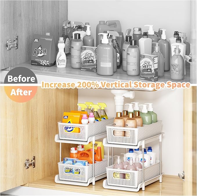 Bathroom Organizer with Dividers, 2Pcs 2 Tier Stackable Under Sink Organizers and Storage Cabinet Organizers for Bathroom Kitchen Pantry Organization and Storage, Medicine Cabinet Organizer