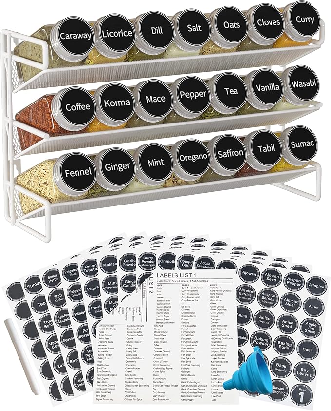 GONGSHI 3 Tier Spice Rack Organizer with 21 Empty Spice Jars, 386 Spice Labels, pen and Funnel Set for Countertop Cabinet Pantry or Wall Door Mount - White