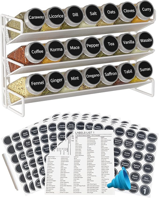 GONGSHI 3 Tier Spice Rack Organizer with 21 Empty Spice Jars, 386 Spice Labels, pen and Funnel Set for Countertop Cabinet Pantry or Wall Door Mount - White