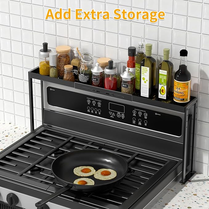Spice Rack Shelf for Kitchen Stove, Adjustable 27 to 33 Inch Spice Rack Organizer, 4 Level Adjustable Height Stove Top Shelf for Kitchen, Over the Stove Shelf for Countertop, Black