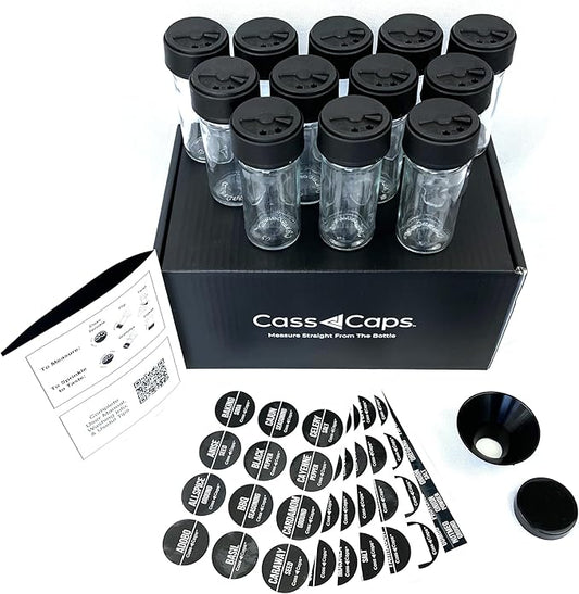 Glass Spice Jars & Measuring Caps Set - Twist Cap Measures 1/4 Tsp Container Keeps Spices Fresh & Organized - 4oz Spice Jars with Lids Includes Labels & Funnel -12 Pack