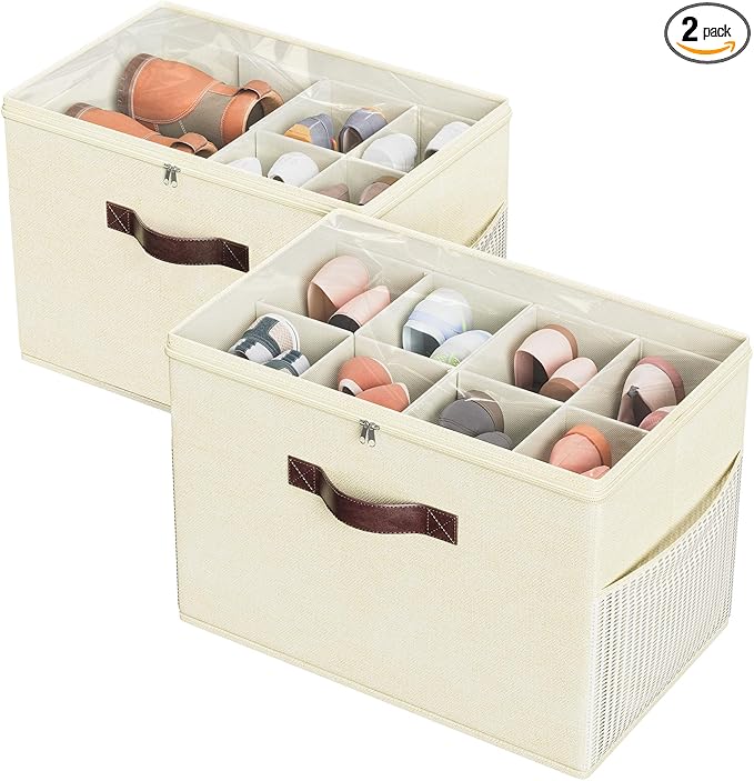 Budding Joy 2 Pack Shoe Organizer for Closet, Clear Foldable Shoe Storage Containers Adjustable Dividers Fits 16 Pairs,Shoe Storage Bins Baskets Boxes with Reinforced Handles Beige Yellow