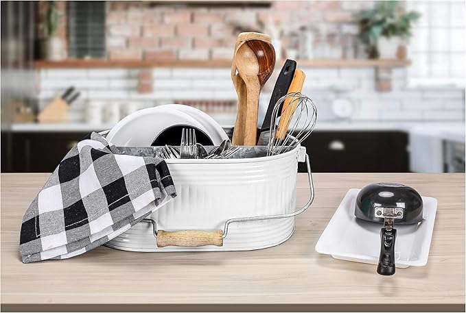 CLEENTABLE Galvanized Utensil Caddy – Rustic Farmhouse Chic Multi-Compartment Organizer for Kitchen, Parties & Picnics (13.5" L x 10" W x 5.5" H)