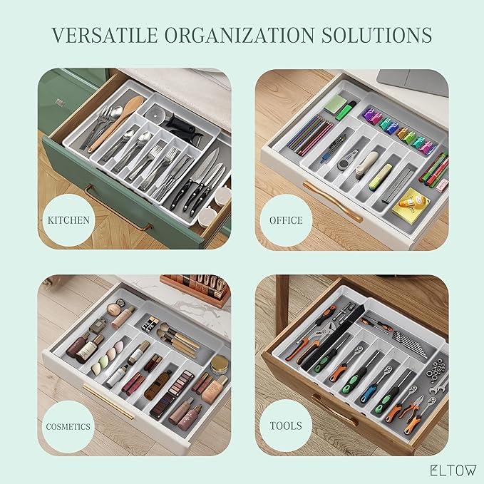 ELTOW Large Expandable Silverware Drawer Organizer, 8 Compartment Non-Slip & Adjustable Silverware Organizer for Drawer, Kitchen Organization for Utensils, Cutlery, Silverware Tray (White)