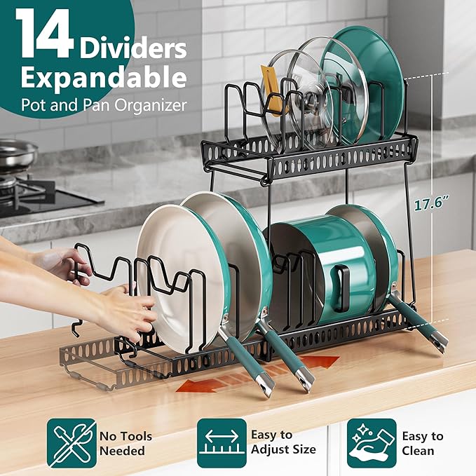 Pots and Pans Organizer Under Cabinet, 14 Adjustable Divider Pot Lid Rack Organizer 3-Pack Kitchen Storage Pan Holder Organizer Inside Cabine for Cookware, Baking Sheet(Black)