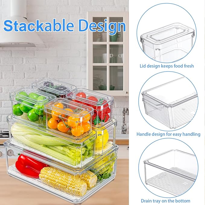 14-Pack Fridge Organizer – Stackable Refrigerator Storage Bins with Lids – BPA-Free Clear Fruit Storage Containers for Vegetables, Food & Drinks