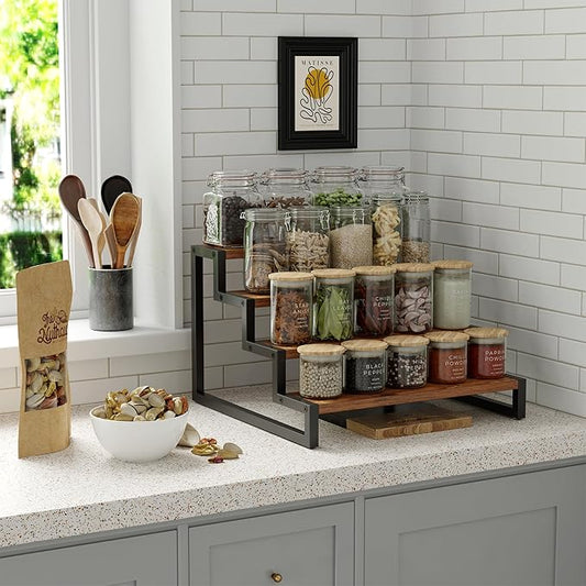 Wood Display Riser Stand, 4-Tier Kitchen Counter Shelves, Kitchen Storage,Spice Rack Organizer, Tiered Countertop Display Shelf for Perfume, Makeup, Expandable(Retro Color,4-Tier)