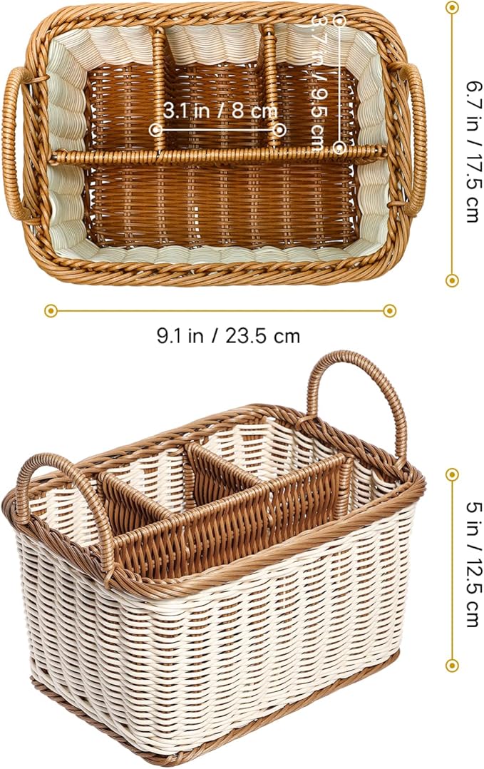 Cabilock Wicker Flatware Organizer, Cutlery Holder for Countertop, Woven Cutlery Storage with Handles, 4 Compartments Utensil Tableware Basket