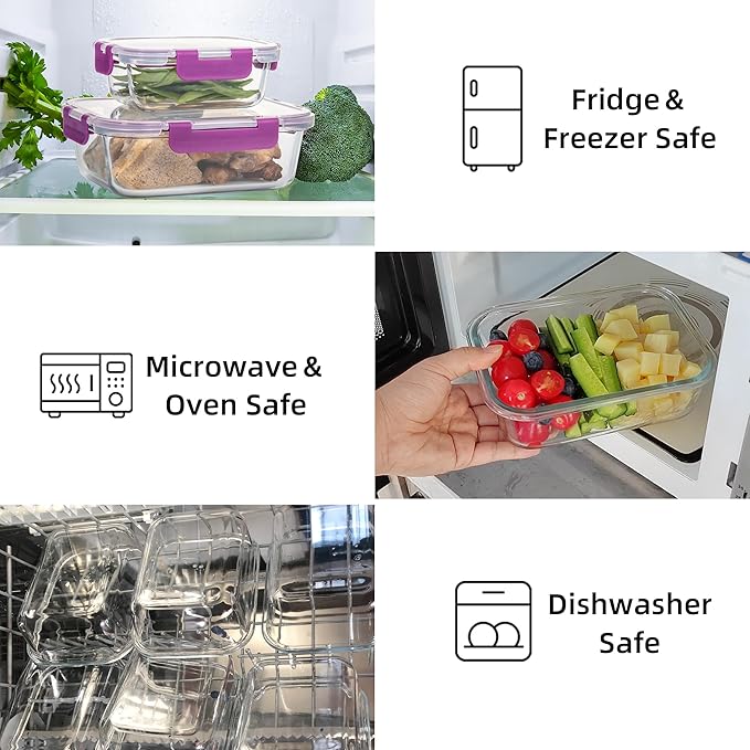 C CREST 10 Pack Meal Prep Glass Containers with Locking Lids - 5x 32oz + 5x 12oz - Ideal for Food Storage