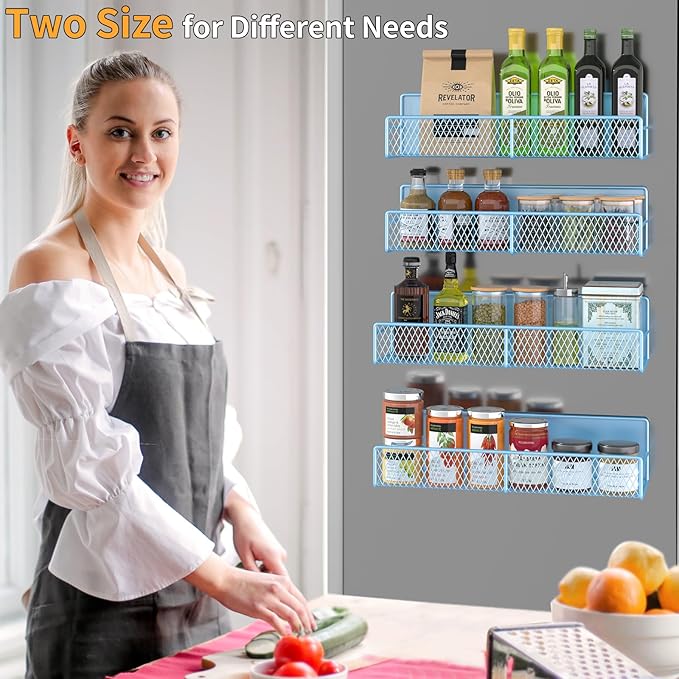 Magnetic Spice Rack for Refrigerator, 4 Pack Metal Magnetic Shelf Blue, Moveable Spice Organizer, Super Magnetic Fridge Shelf for Kitchen Organization and Storage