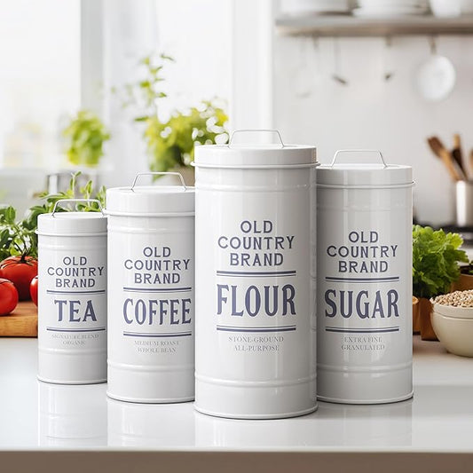 Barnyard Designs Canister Sets for Kitchen Counter, Farmhouse Canisters Sets for the Kitchen Countertop, Coffee Tea Sugar Flour Metal Containers with Lid (White)