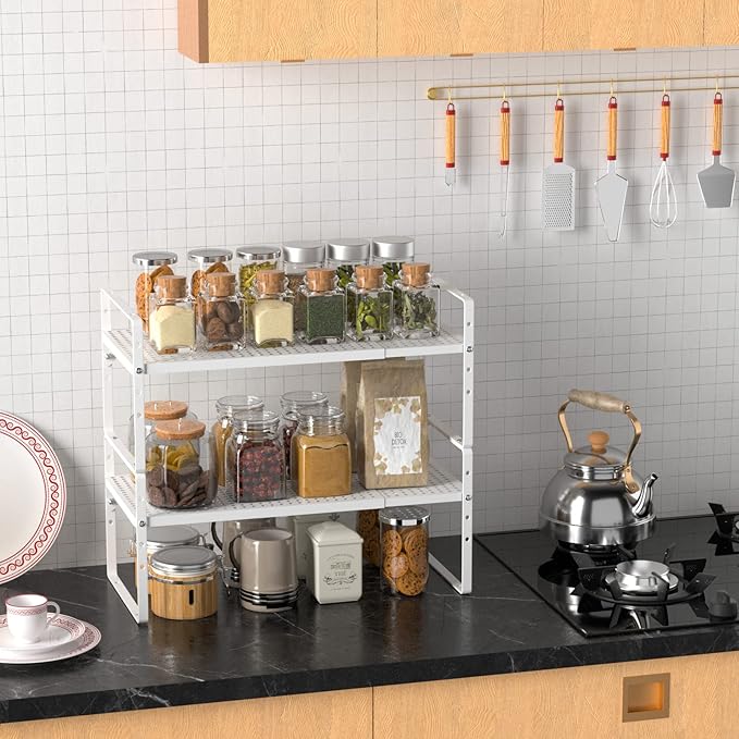 Expandable Kitchen Cabinet Shelf Organizers 2 Pack, Stackable Metal Pantry Storage Shelves Rack, Adjustable Counter Shelf for Cabinets, Countertop, Cupboard Organizers and Storage, White