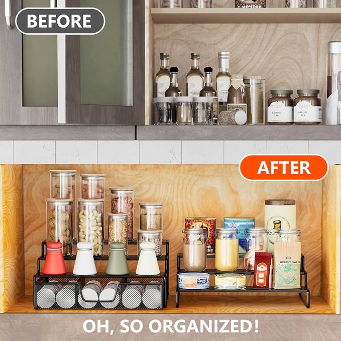 Simple Trending Spice Rack Organizer for Cabinet, 2 Pack 3 Tier Seasoning Organizer, Expandable Shelf, Step Storage Holder, Kitchen Cabinet Countertop, with Sliding Drawer, Metal, Black