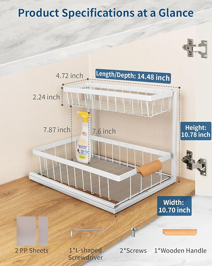 2 Pack Under Sink Organizer,Metal Pull Out Kitchen Cabinet Organizer with Sliding Drawer,Sturdy Multi-functional for Bathroom Organization,White