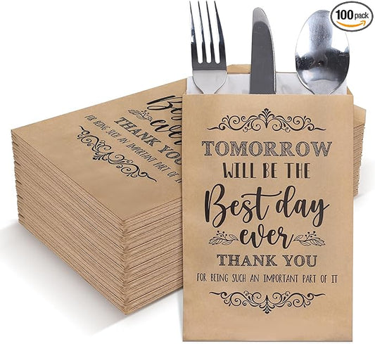 Whaline 100Pcs Silverware Bags 5 x 7 Inch Rustic The Best Day Ever Kraft Wax Cutlery Bags Utensil Holders Reusable for Wedding, Rehearsal Dinner, Engagement, Barbeque, Banquet Supply