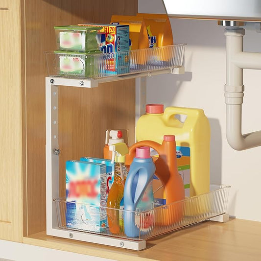 1 Pack 10.62"-15.5" H Acrylic Bathroom Under Sink Organizers And Storage Height Adjustable,2-Tier Pull Out Under Cabinet Shelf Organizer,Multi-Use Slide Out Drawer For Kitchen Laundry-White