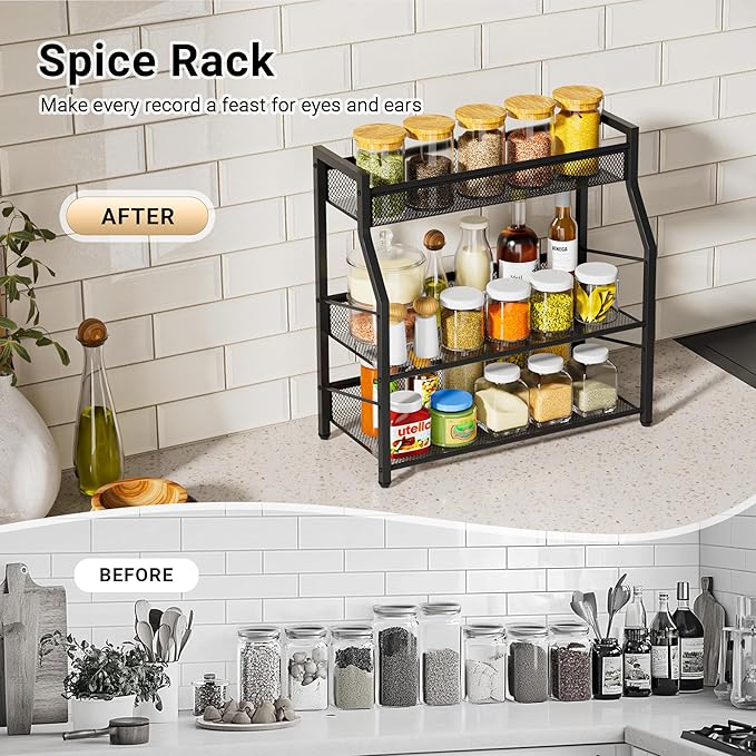 Dunatou 3 Tier Spice Rack, Kitchen Storage Organizer Shelf for Countertop, Metal Seasoning Storage Shelf with Guardrail and Mesh Design for Kitchen, Countertop, Dining Room, Black