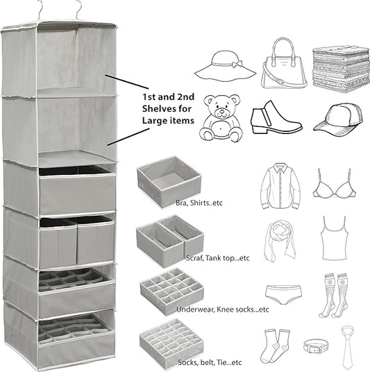 Simple Houseware 6 Shelf Hanging Closet Organizer with 5 Drawers Storage, Gray