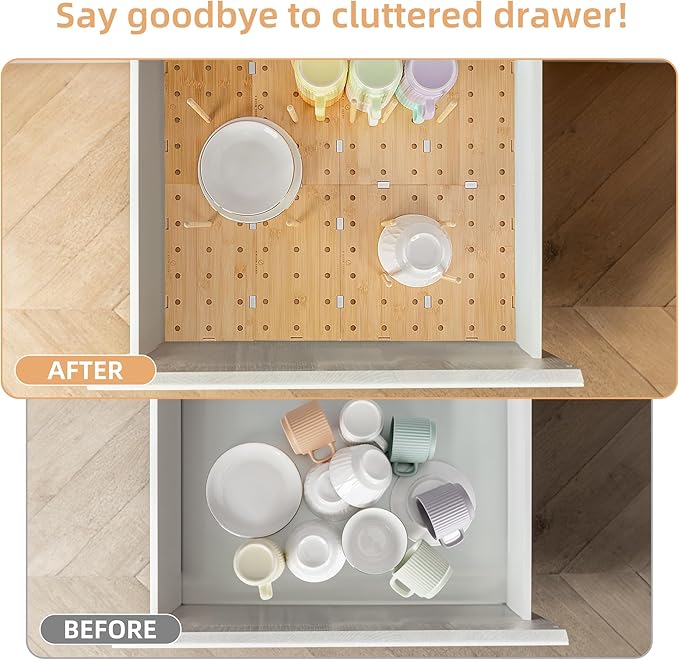 Peg Board Drawer Organizer for Kitchen (24*21 inch) | Kitchen Drawer Organizers for Dishes Plates Bowls Condiment Spice | Pegboard Organizer for Cabinet RV Storage