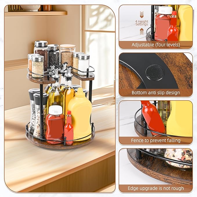 Adjustable 2-Tier Lazy Susan Spice Rack Organizer - Wooden Rotating Turntable for Kitchen Cabinet, Countertop, Pantry Storage, 360° Spice Carousel with Non-Slip Base, Easy Clean Home Decor