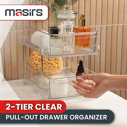 Masirs 2-Tier Clear Pull-Out Drawer Organizer - Sleek, Compact & Sturdy Makeup and Closet Organizer - Easy Assembly Kitchen Storage Solution, Ideal for Makeup, Tools, Medicines & Snacks