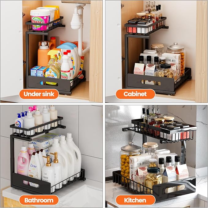 ADBIU Under Sink Organizer(10 Seconds Installation), 1 Pack 2 Tier Expandable Height (11" - 16") Under-Sink Organizers Slide out Pull out Organizer Shelf…