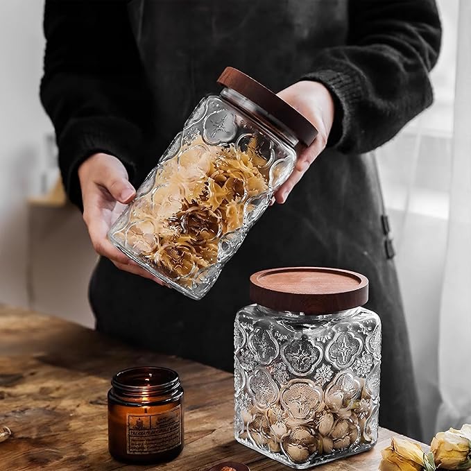 Glass Storage Jars With Airtight Lid, 23.7oz Container For Kitchen Counter with Wooden Lid, brown sugar, candy, coffee, cookie, salt, tea, cute Jar (35oz Large Begonia Flowers)
