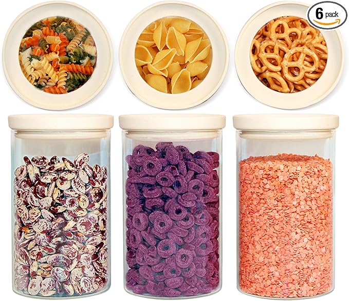 Glass Food Storage Jar with Glass Lid, Food Canister Set with Airtight Lids, Glass Pantry Jar for Kitchen Organization. Food Storage Container Set in 6 pack of 26oz