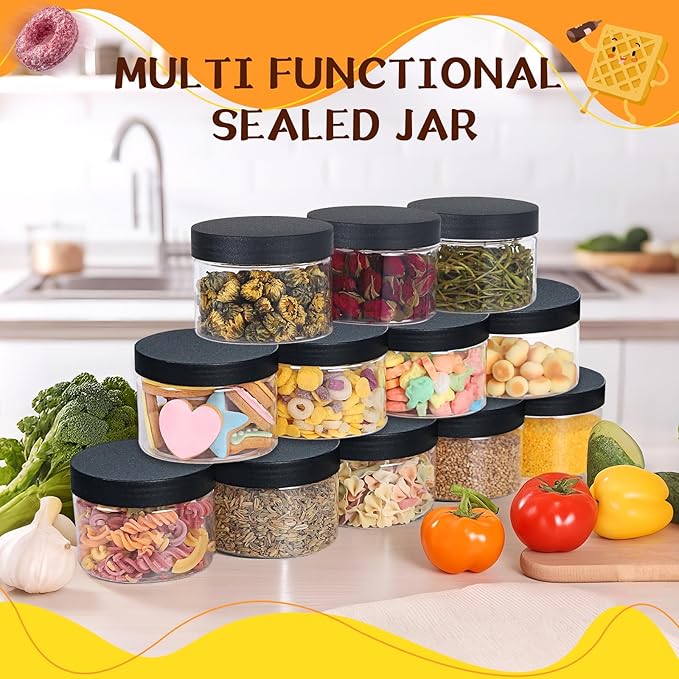 72pcs 4 oz Plastic Containers with Lids Pen Labels Leak Proof BPA Free Airtight Refillable Clear Small Containers Storage Jars for Storing Dry Food Makeup Slime Honey Jam,black
