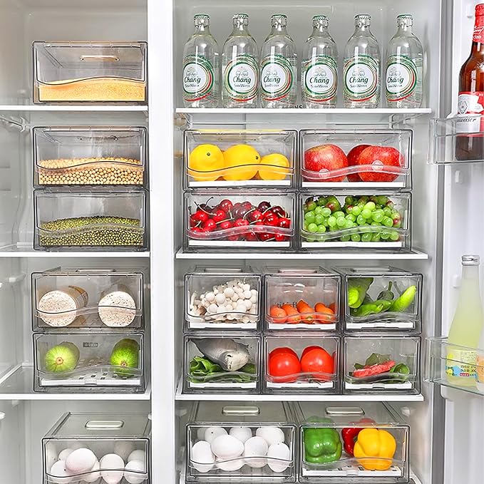 2 Pack Fruit Storage Containers for Fridge with Drain Board, Stackable Fridge Organizers and Storage,Reusable Food Storage Containers,Refrigerator Drawer for Produce,Fruit,Vegetable,BPA-Free