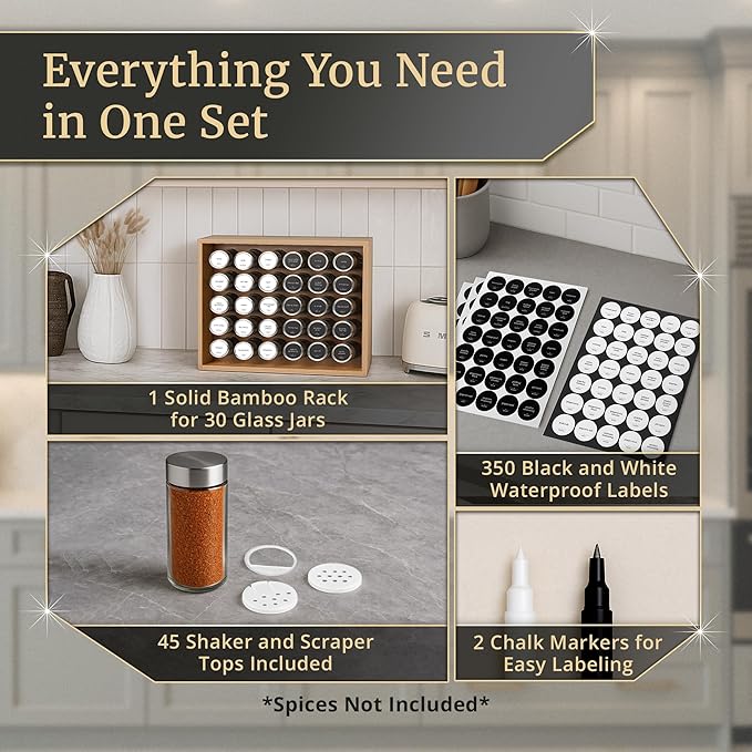 BOURBON & BARREL Wooden Spice Rack Organizer with Glass Jars | Stainless Steel Lids | Bamboo Countertop Spice Organization | 350 Waterproof Spice Labels | 2 Chalk Markers | 30 4oz Jars [Bamboo]