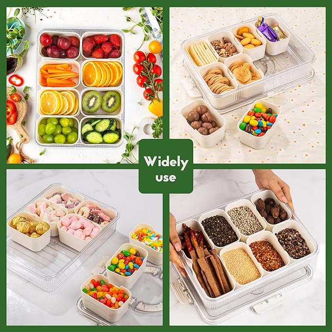 Patent Design Ribbed Snackle Box Container Snack Container Divided Serving Tray with Lid and Handle, 8 Divider Portable Snacklebox for Travel Beach for Charcuterie Veggie Fruit Candy,1 Pack