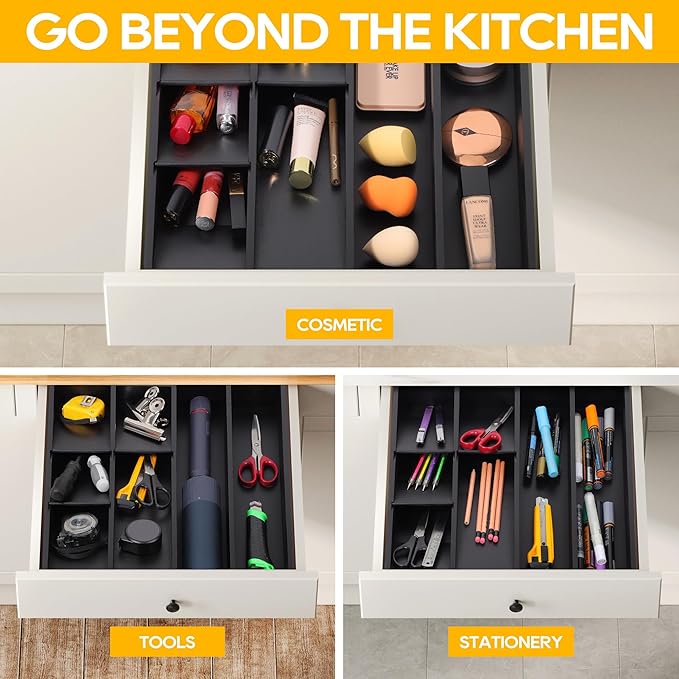 Bamboo Expandable Silverware Drawer Organizer Tray, Removable Dividers Kitchen Utensil Tray for Different Dimension Flatware, Spoons, Forks, Knives (Black,7 Slots)