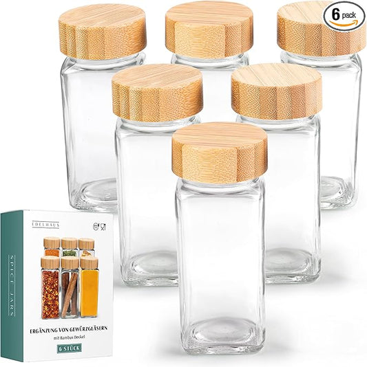 Glass Spice Jars and Bamboo Lids (6 x 4oz) Spice Containers with Shaker Inserts - Add-On Pack Without Labels or Accessories