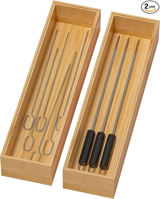 Bamboo Drawer Organizer, Narrow Silverware Organizer for Kitchen, Stackable Cutlery Drawer Organizer, 2 Pcs Utensil Organizer, Wood Storage Box Tray (Bamboo, 12 X 3 X 2 Inch)