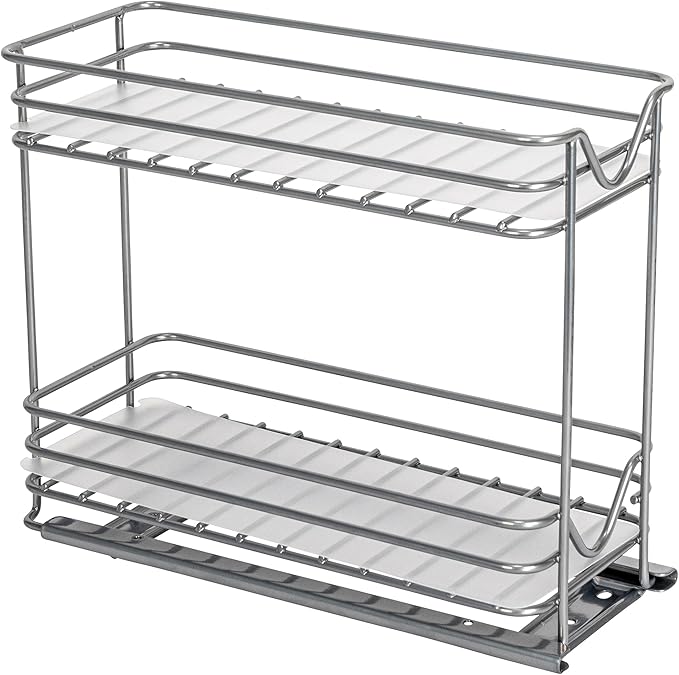 Household Essentials Glidez Powder-Coated Steel Pull-Out/Slide-Out Storage Organizer with Plastic Liners for Spice Rack Use - 2 -Tier Design - Fits Standard Size Cabinet or Shelf, Brushed Silver