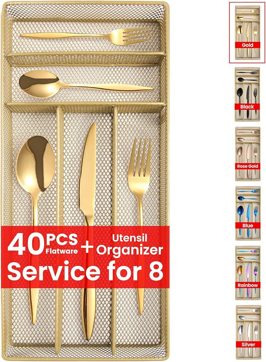 Gold Silverware Set with Organizer, 40-Piece Flatware Set for 8, Stainless Steel Kitchen Utensils Cutlery Set for Home Kitchen Restaurant Hotel,Dishwasher Safe