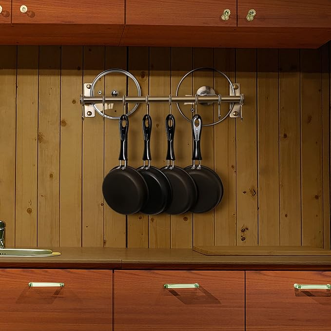 DSEAP Pot Rack - Pots and Pans Hanging Rack with 8 Hooks, Double Bars, Wall Mounted, Bronze