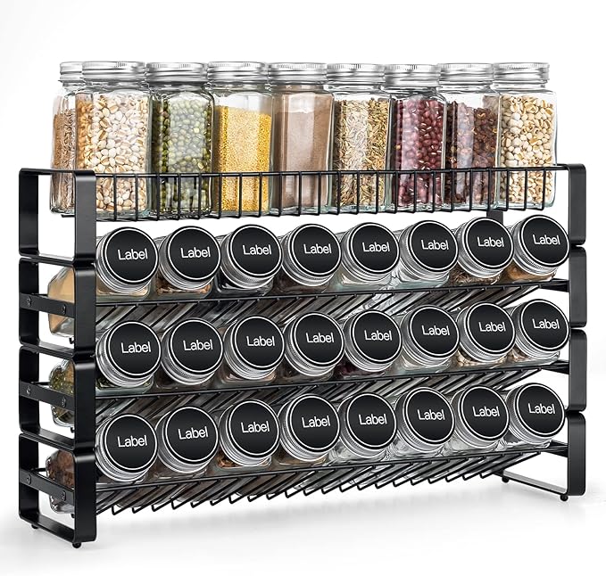 JONYJ 4 Tier Stackable Seasoning Rack Organizer, Detachable Countertop Spice Jar Rack for Cabinet, Freestanding , Black Frosted Iron Kitchen Counter Shelf